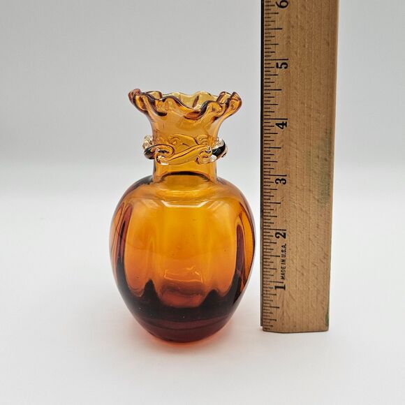 Pilgrim Glass Bud Vase Honey Amber Hand Blown Art Glass Ruffle Rim Vintage - Picture 8 of 10
